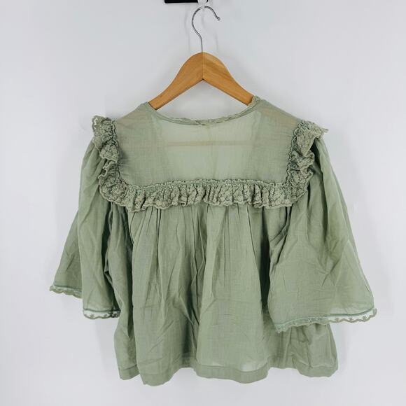 Free People Sage Green Lace Trim Peasant Top Size M Boho Ruffle Button Front - Picture 2 of 9